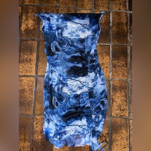 Blue Mesh Dragon Print Ruched Bodycon Dress